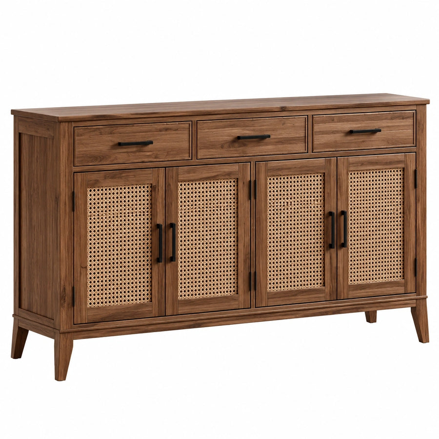 Buffet Falqorin en bois brun de 160 cm avec portes en cannage naturel, style rétro, meuble de rangement élégant.