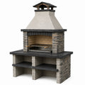 Barbecue de jardin Falqorin en pierre gris anthracite, avec hotte et gril traditionnel, dimensions 150 x 90 x 230 cm.
