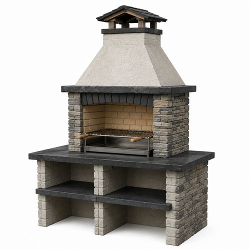 Barbecue de jardin Falqorin en pierre gris anthracite, avec hotte et gril traditionnel, dimensions 150 x 90 x 230 cm.