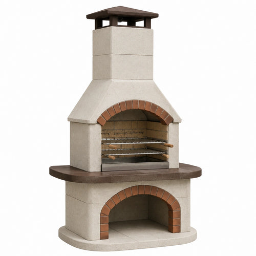 Barbecue de jardin Falqorin en béton beige, 120x80x220 cm avec foyer en briques, grilles réglables, idéal pour l'extérieur.