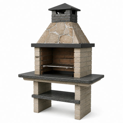 Barbecue de jardin Falqorin en pierre beige noir, cheminée intégrée et grille de cuisson, dimensions 120x75x220 cm.