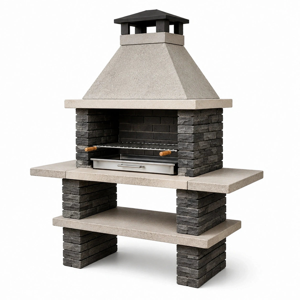 Barbecue de jardin Falqorin en pierre grise, dimensions 120x70x210 cm, avec grille en acier style maçonné, pour cuisson en extérieur