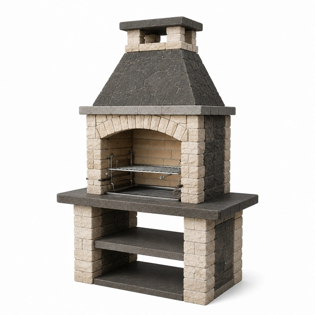 Barbecue de jardin en pierre Falqorin, gris beige, 120x70x210 cm avec cheminée et grilles pour cuisson extérieure.