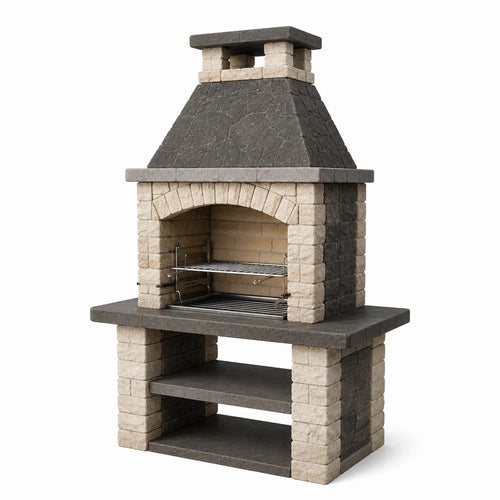 Barbecue de jardin en pierre Falqorin, gris beige, 120x70x210 cm avec cheminée et grilles pour cuisson extérieure.