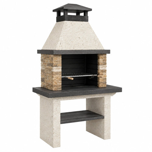 Barbecue de jardin en pierre Falqorin, beige et noir, avec grill réglable, dimensions 120x70x210 cm, design robuste et élégant.