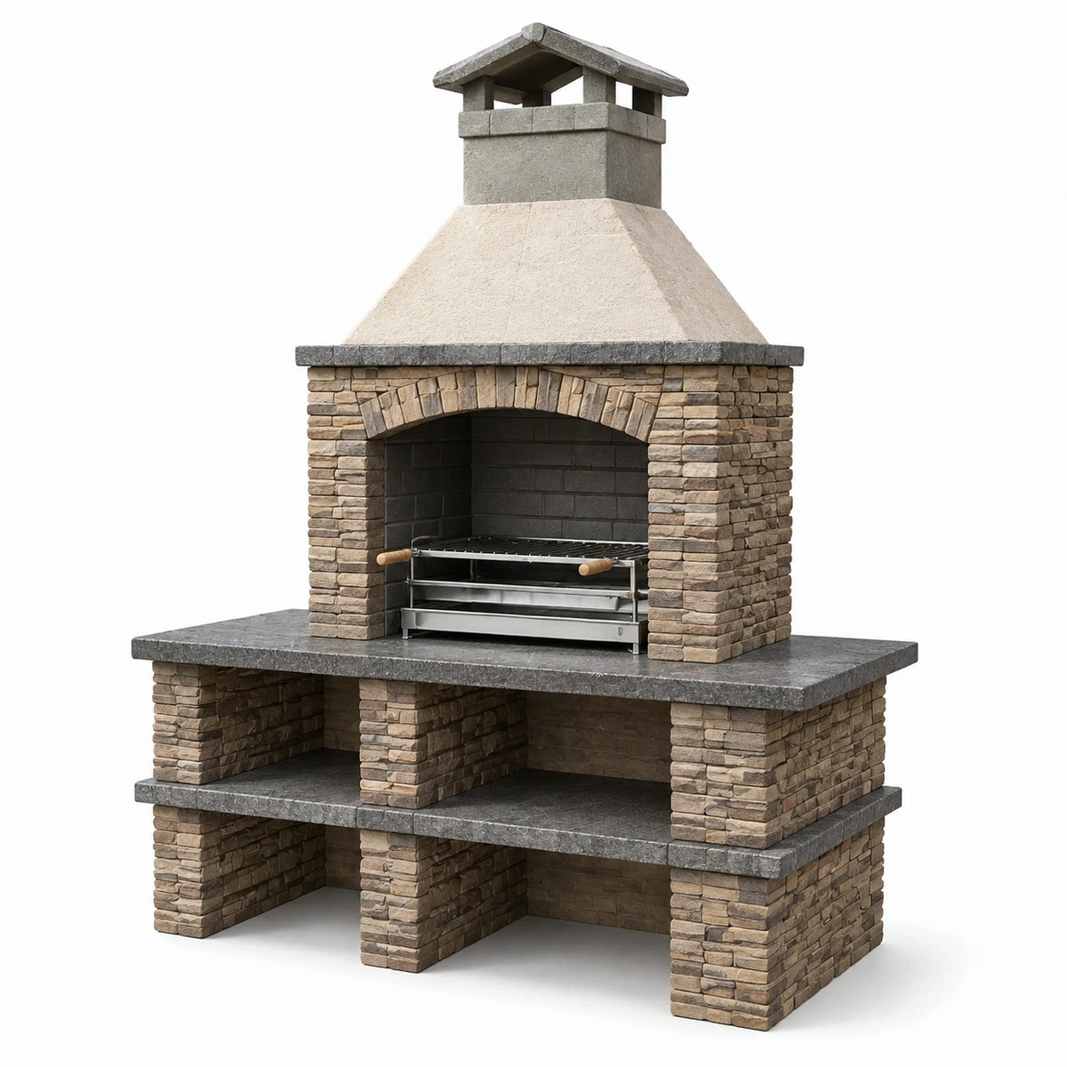 Barbecue de jardin Falqorin en pierre gris beige, avec cheminée et grille réglable, dimensions 180 x 90 x 250 cm.