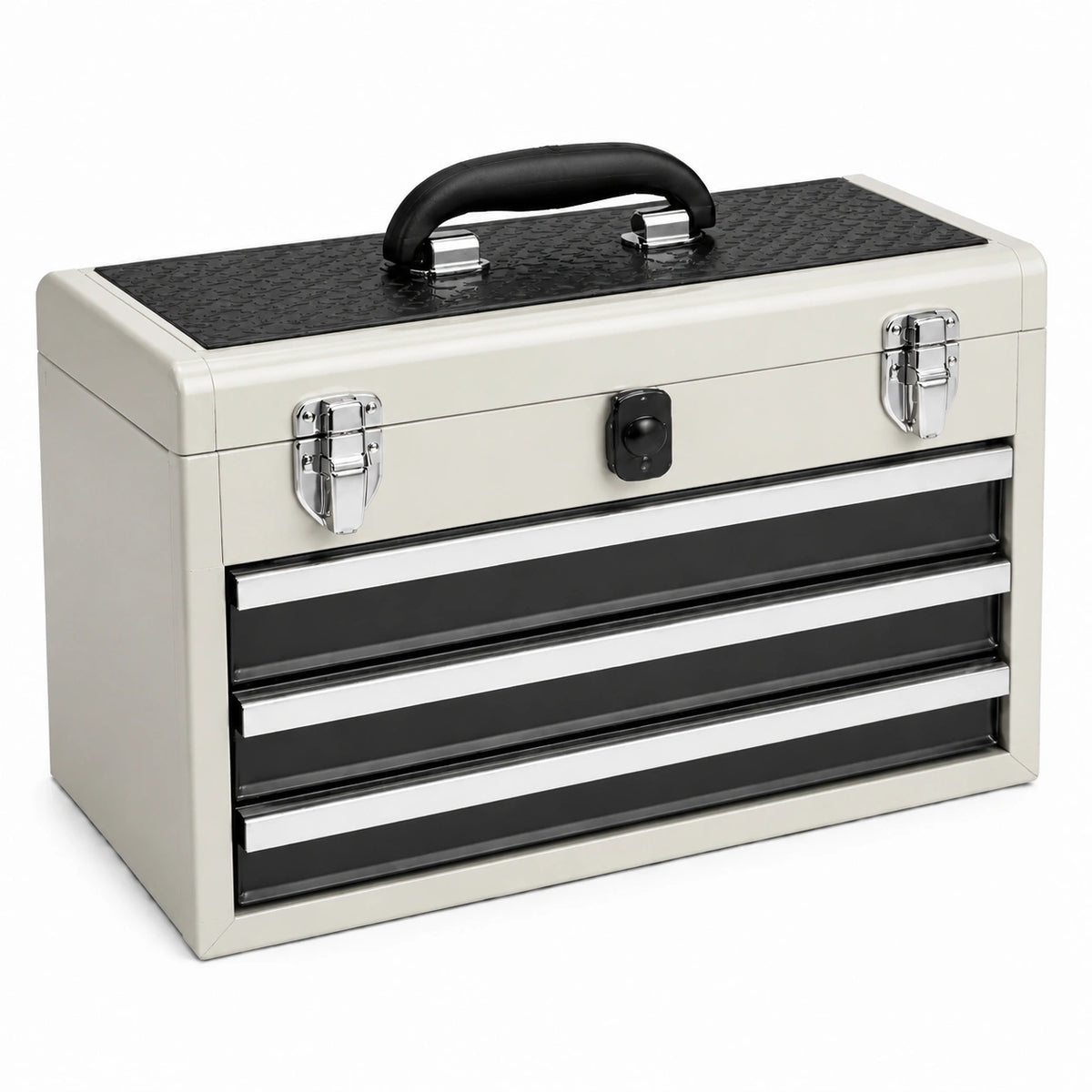 Boîte à outils Falqorin en métal blanc et noir, coffre à outils 60x26x36 cm avec 3 tiroirs verrouillables.