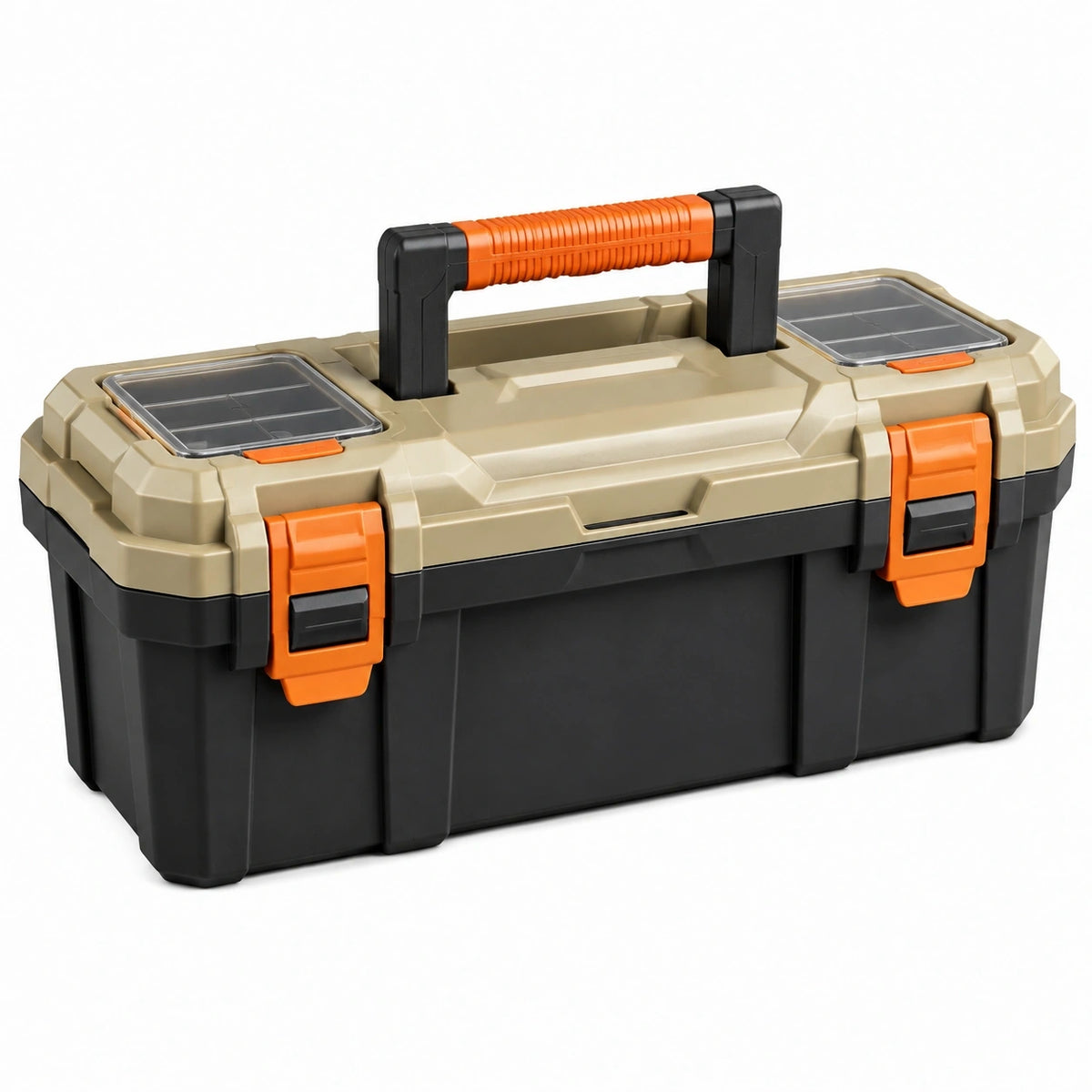 Boîte à outils Falqorin en plastique beige, noir et orange avec organisateurs et poignée de transport, dimensions 50x25x25 cm.