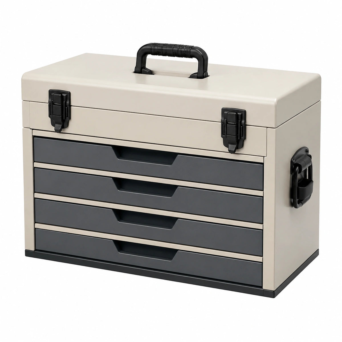 Boîte à outils Falqorin en plastique beige et noir, avec 4 tiroirs, dimensions 52x28x32 cm, rangement portable.
