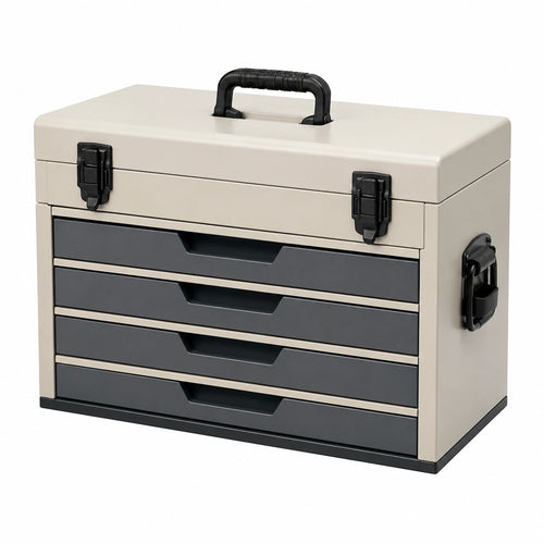 Boîte à outils Falqorin en plastique beige et noir, avec 4 tiroirs, dimensions 52x28x32 cm, rangement portable.