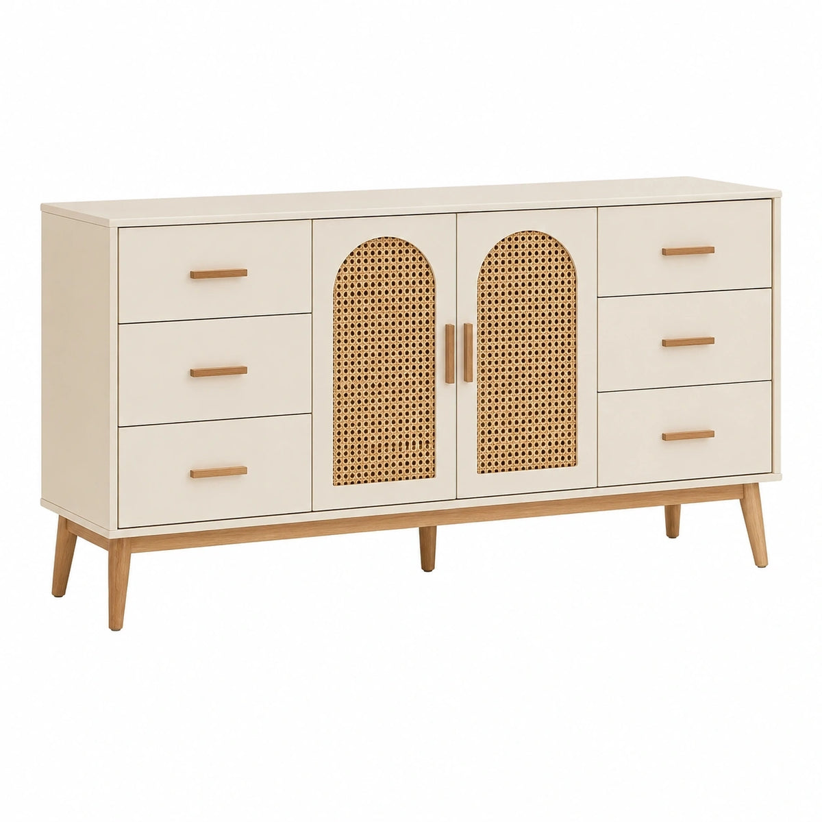 Buffet Falqorin en bois beige et rotin, 160x40x85 cm, avec 6 tiroirs et 2 portes pour rangement élégant.
