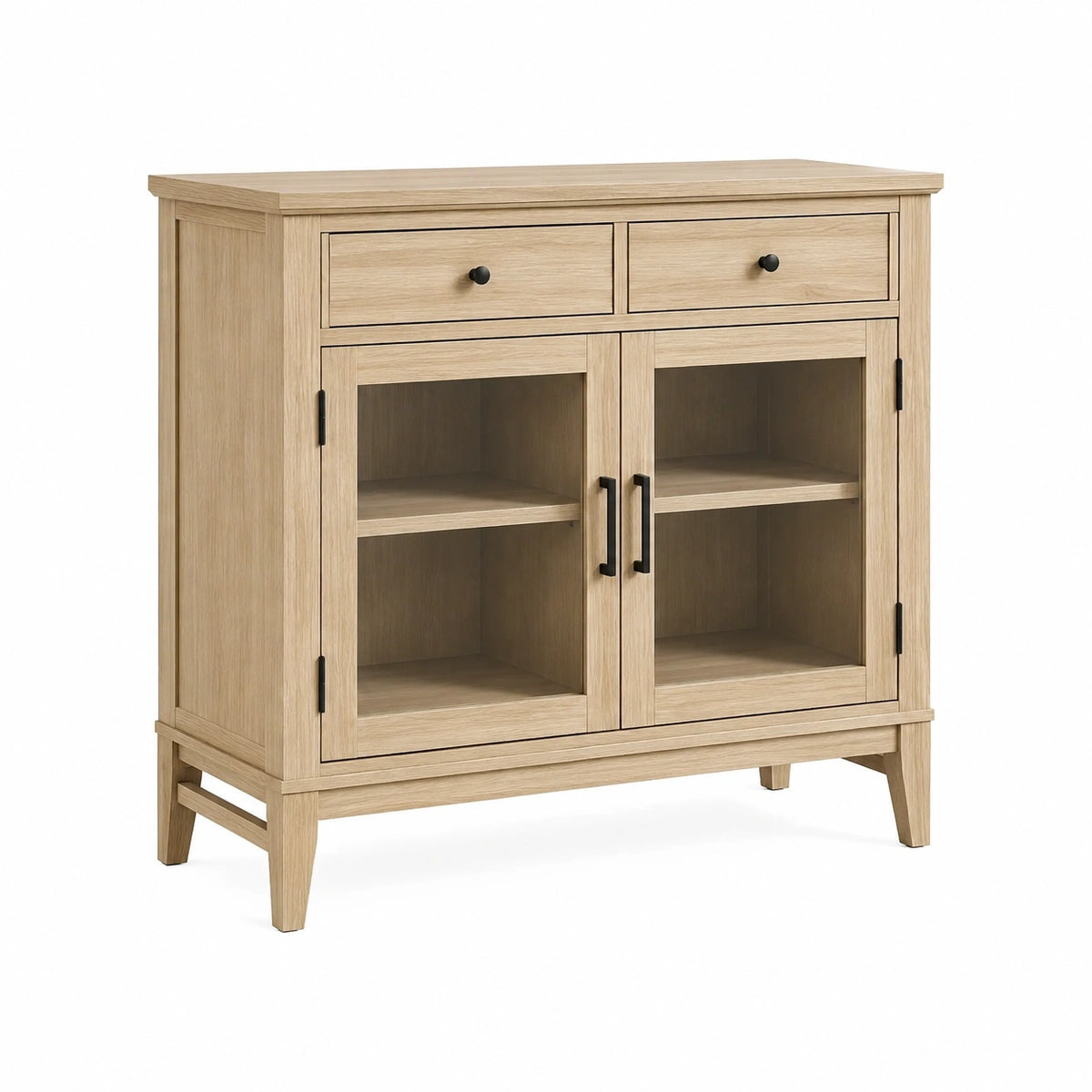 Buffet vitrine Falqorin en bois chêne clair, 100x40x100 cm, portes vitrées, style classique, meuble de rangement élégant.