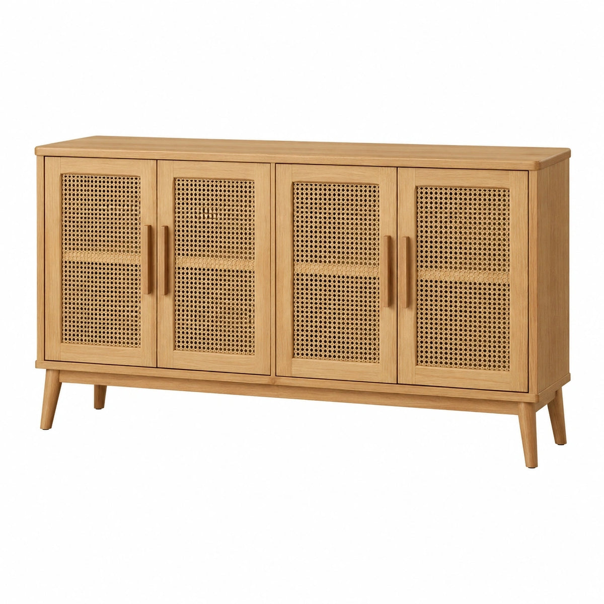 Buffet Falqorin en bois avec cannage beige naturel, meuble de rangement scandinave, 160 cm de large, design épuré et élégant.