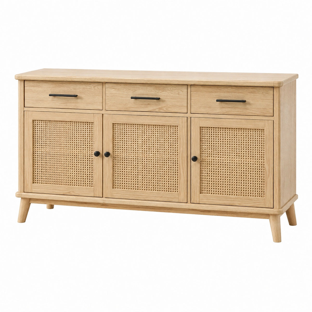 Buffet en bois beige avec cannage, dimensions 160x40x85 cm, style naturel, rangement, meuble Falqorin.