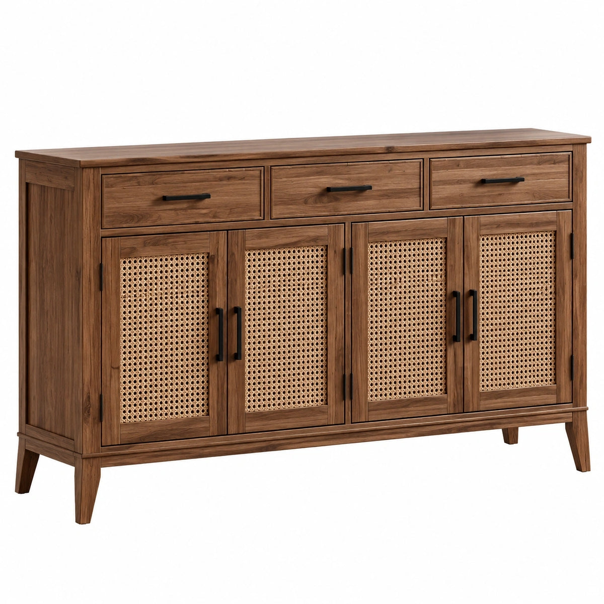 Buffet Falqorin en bois brun de 160 cm avec portes en cannage naturel, style rétro, meuble de rangement élégant.