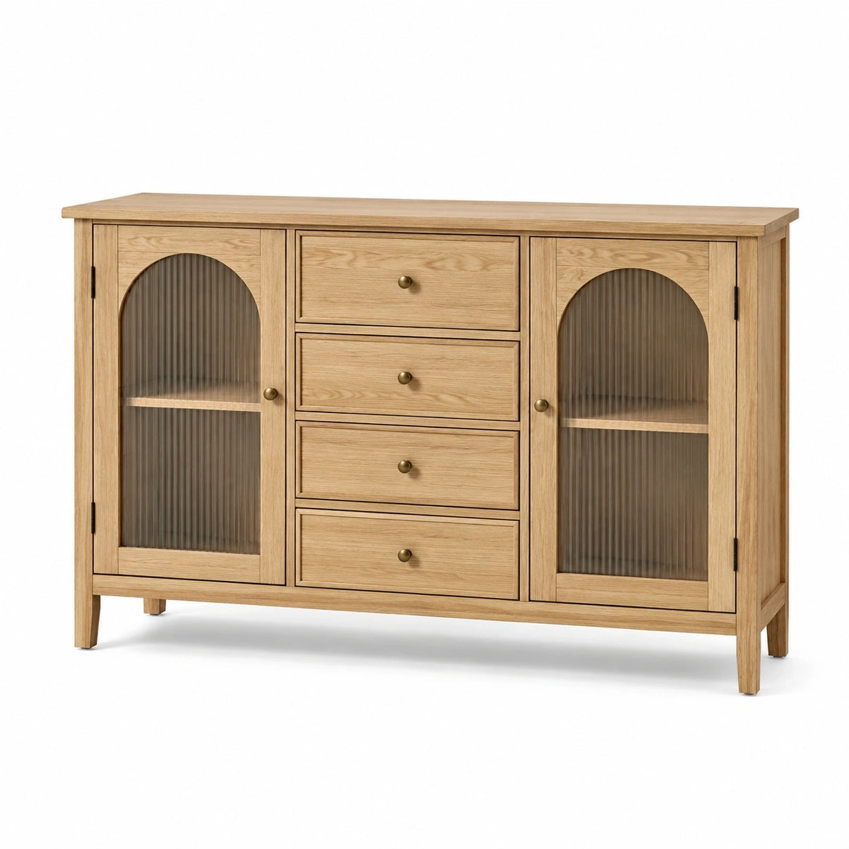 Buffet Falqorin en bois de chêne et verre fumé naturel, style contemporain, dimensions 160x40x100 cm avec espace de rangement.