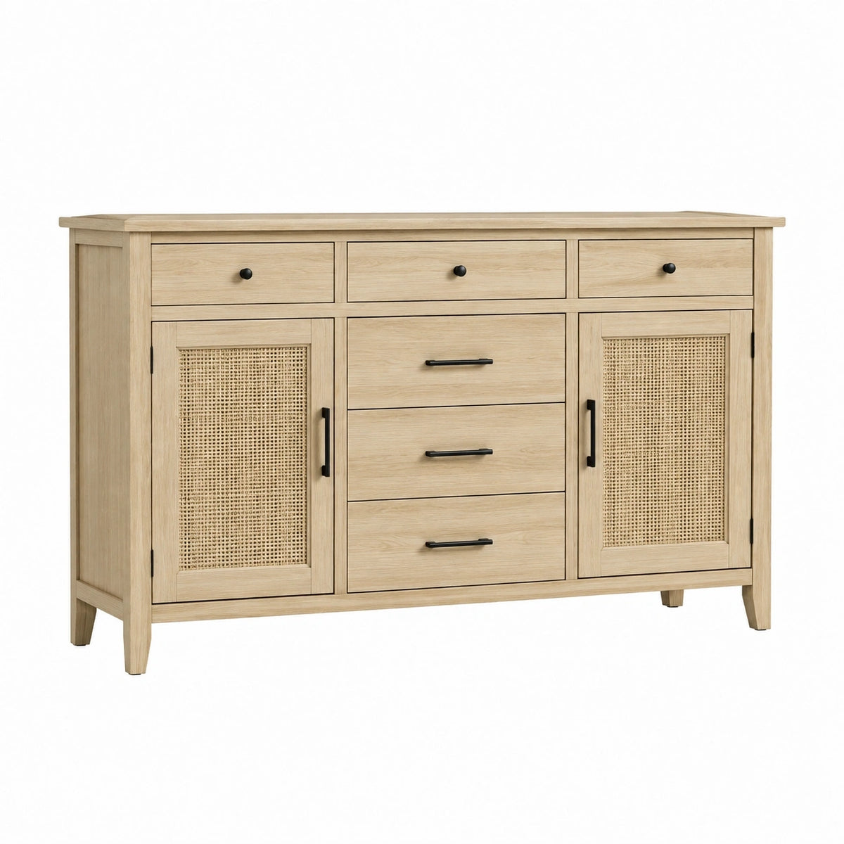 Buffet Falqorin en bois clair et cannage naturel, 150 cm avec espace de rangement et style élégant.