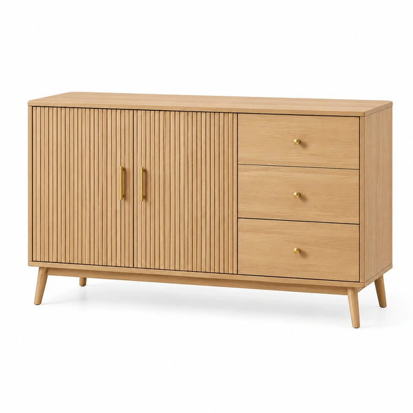 Buffet Falqorin en bois de chêne clair de 140 cm avec 3 tiroirs et 2 portes style scandinave, design élégant et fonctionnel.