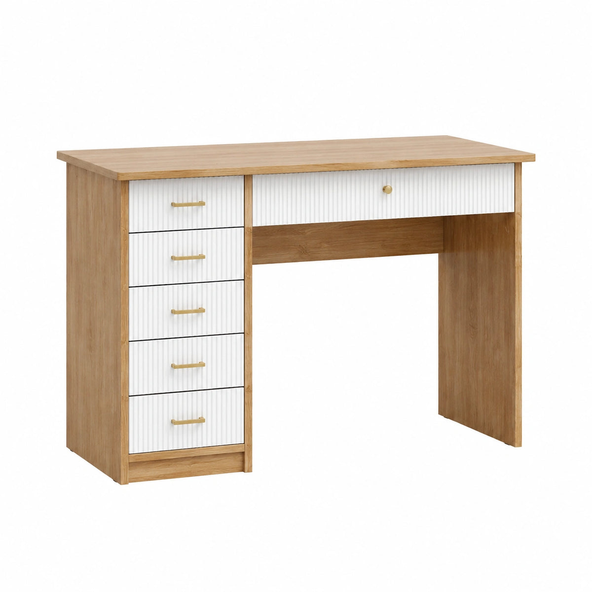 Bureau Falqorin en panneaux de bois naturel blanc, 120x60x75 cm, avec 6 tiroirs, style contemporain, mobilier de bureau moderne
