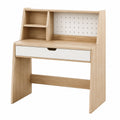 Bureau Falqorin en bois beige et blanc, 150 cm, avec étagères, panneau perforé et tiroir pour bureau moderne.