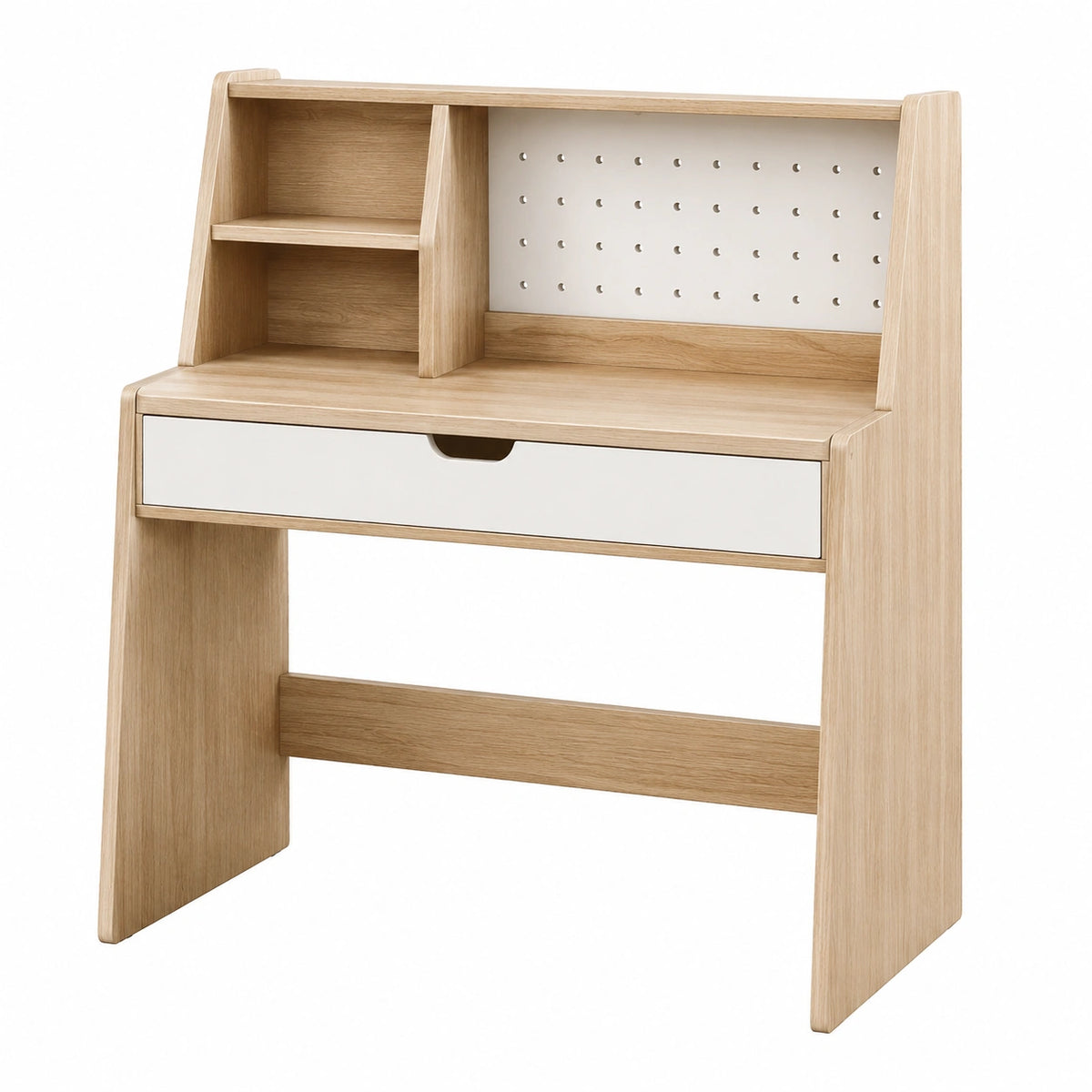 Bureau Falqorin en bois beige et blanc, 150 cm, avec étagères, panneau perforé et tiroir pour bureau moderne.