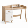 Bureau Falqorin 120x60 cm en panneaux chêne et blanc avec rangement style scandinave, surface élégante et moderne.