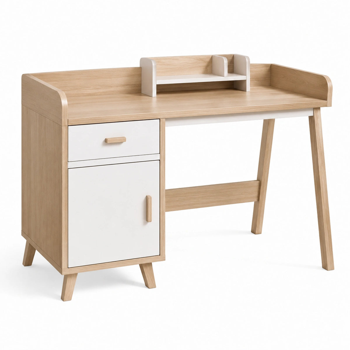 Bureau Falqorin 120x60 cm en panneaux chêne et blanc avec rangement style scandinave, surface élégante et moderne.