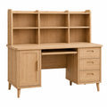 Bureau Falqorin en bois naturel avec étagères, dimensions 140x60x180 cm, style scandinave, mobilier de rangement élégant.