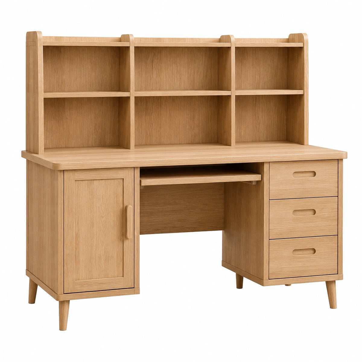 Bureau Falqorin en bois naturel avec étagères, dimensions 140x60x180 cm, style scandinave, mobilier de rangement élégant.