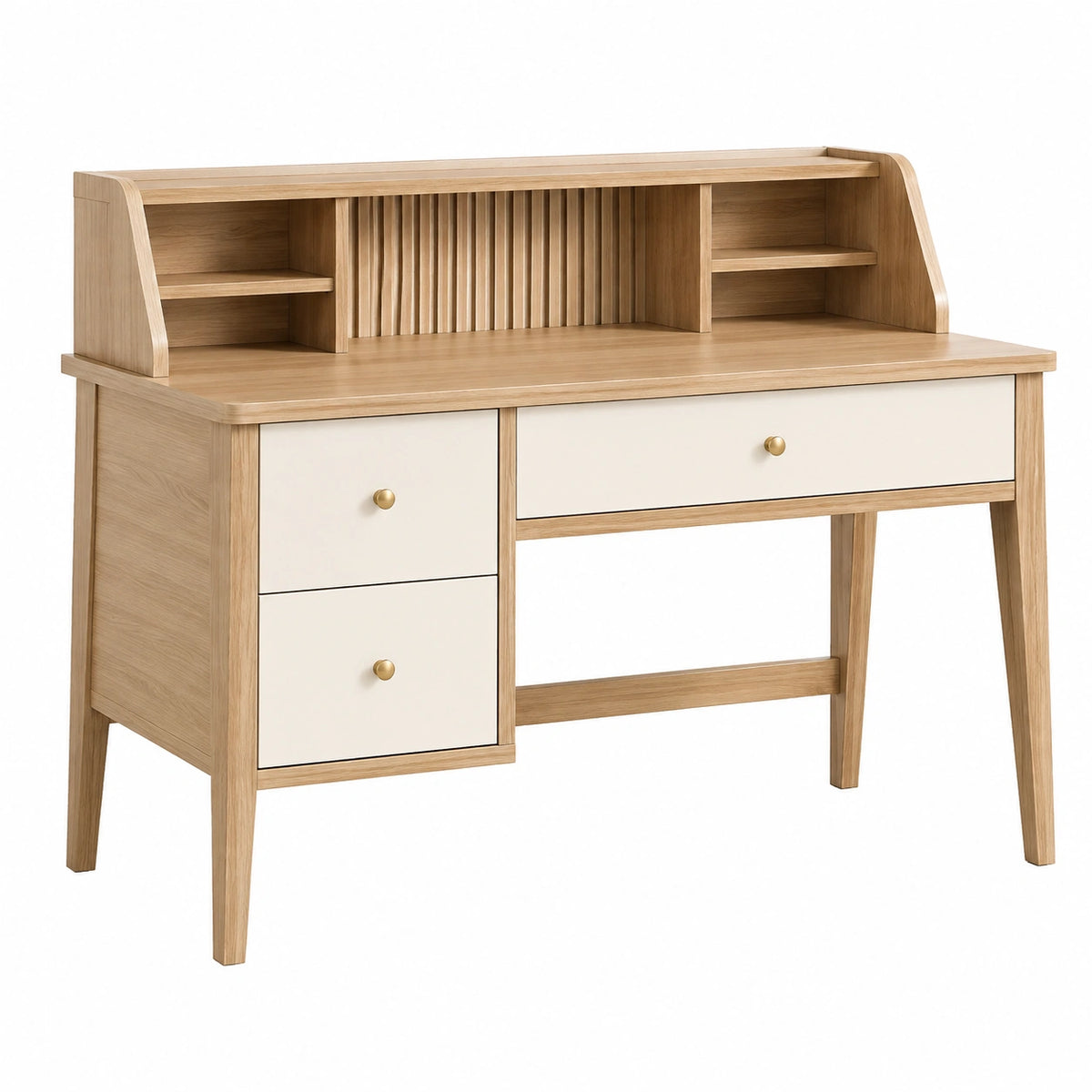 Bureau Falqorin en bois beige et blanc, 120 x 60 cm, style scandinave avec rangements, vue de face.
