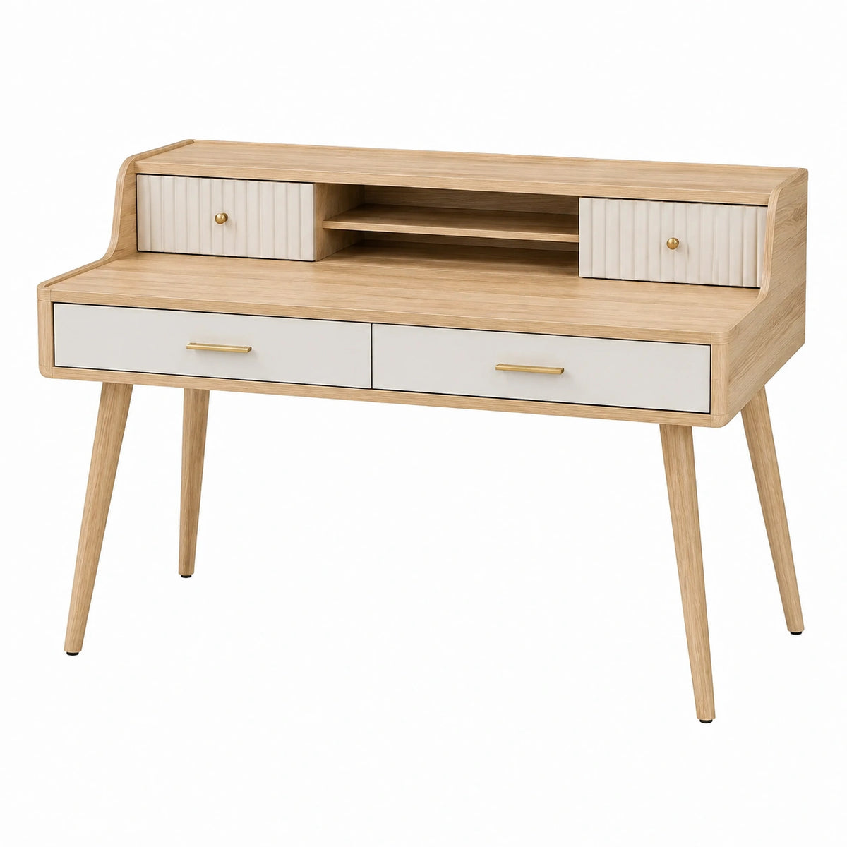 Bureau Falqorin de 120 cm en panneaux de bois naturel blanc avec tiroirs, style scandinave pour bureau moderne.