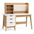 Bureau Falqorin en panneaux de bois chêne clair et blanc avec étagère, dimensions 120x60x150 cm, espace de rangement intégré.