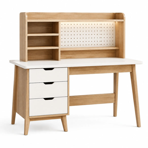 Bureau Falqorin en panneaux de bois chêne clair et blanc avec étagère, dimensions 120x60x150 cm, espace de rangement intégré.