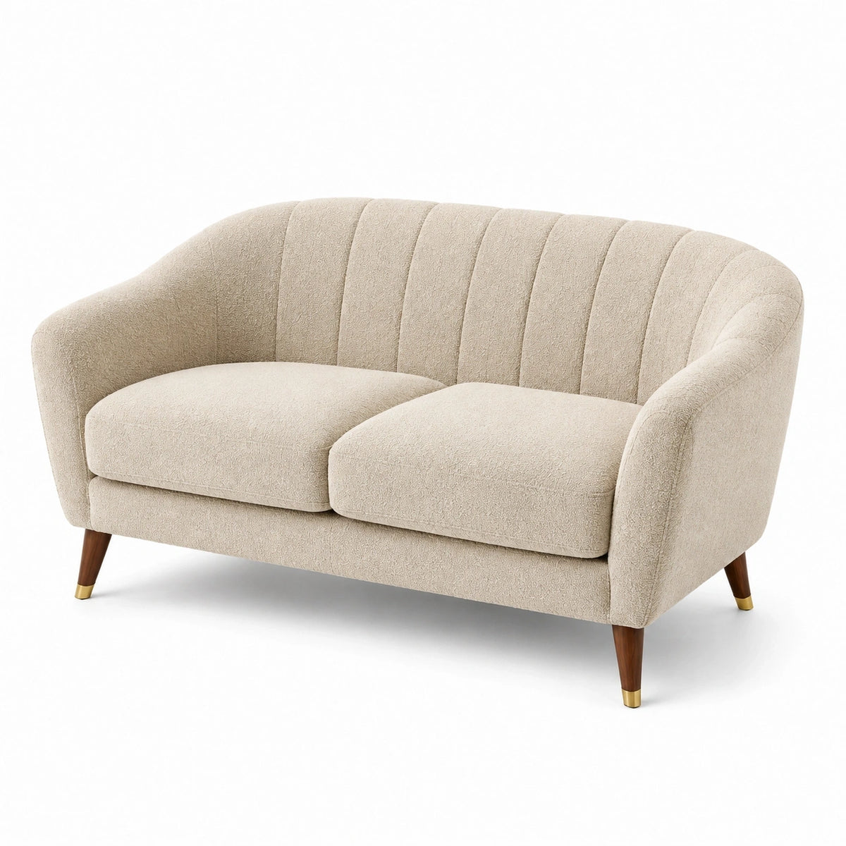 Canapé 2 places Falqorin en tissu bouclette beige avec pieds en bois, style rétro, design confortable et élégant.