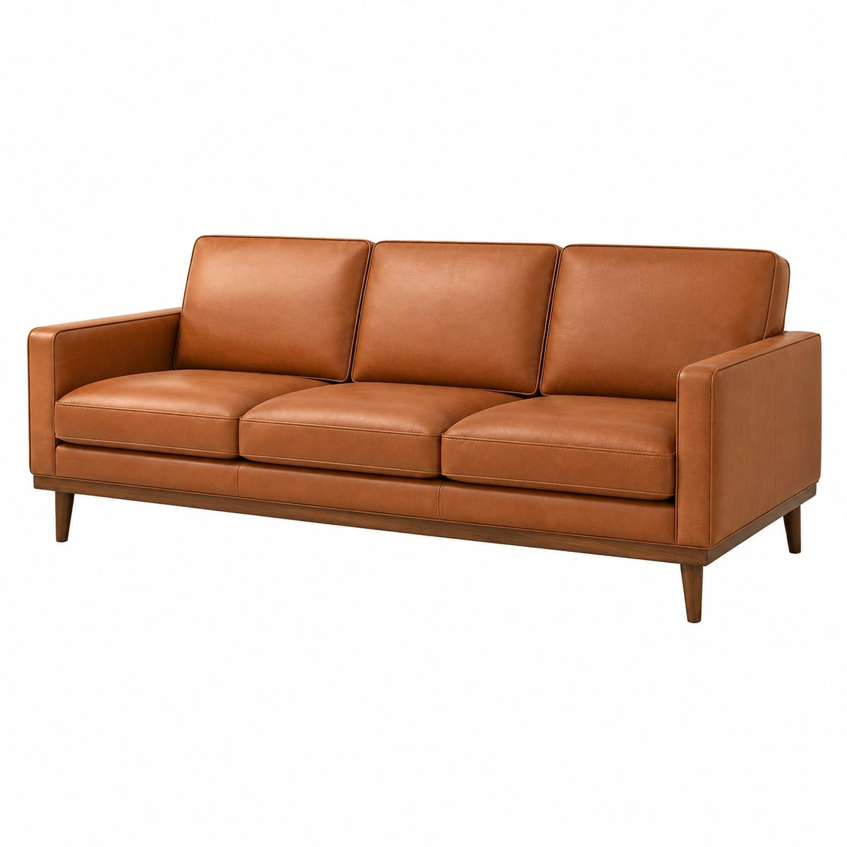 Canapé 3 places en cuir cognac de style moderne, dimensions 210 x 90 x 85 cm, marque Falqorin, design élégant et contemporain