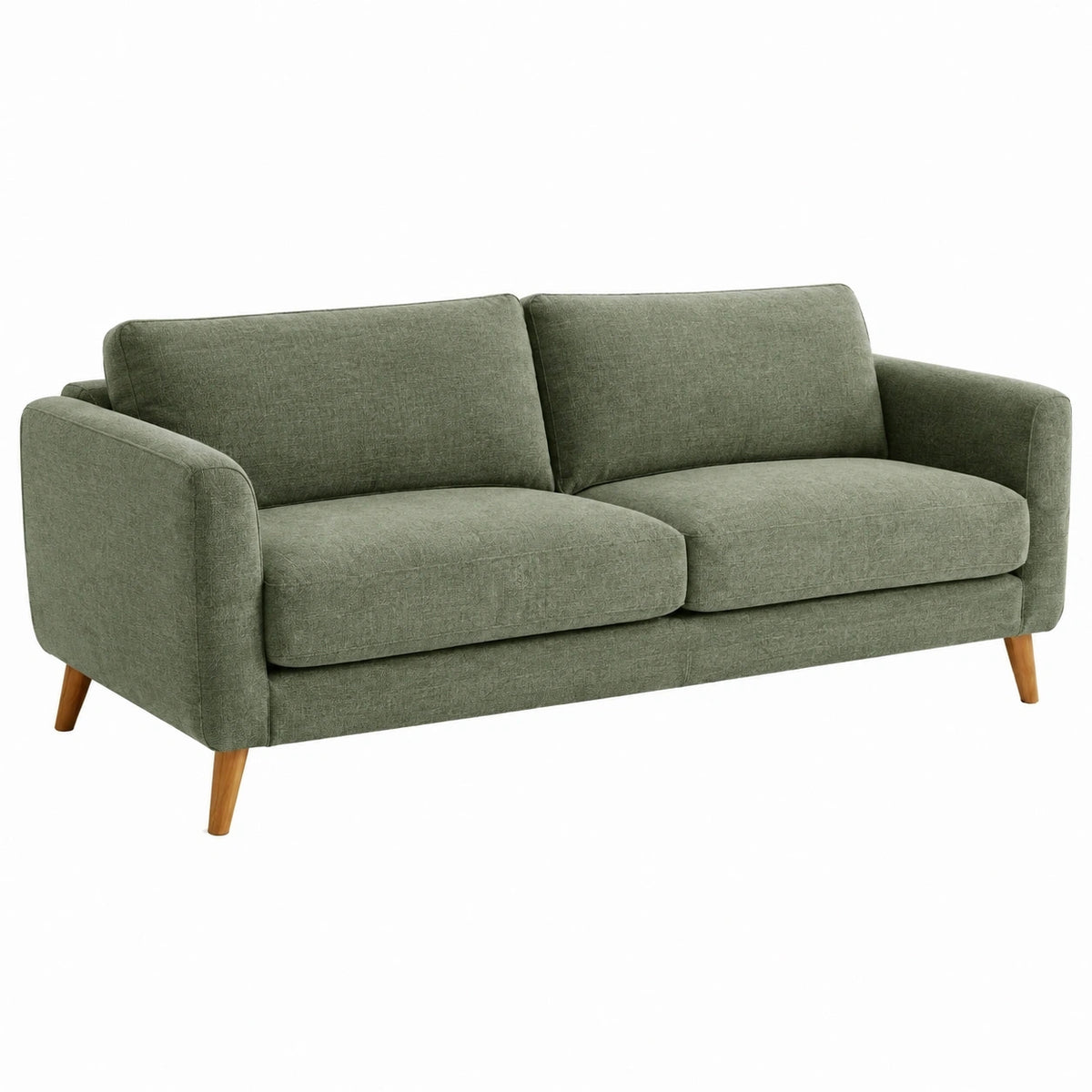 Canapé 2 places Falqorin en tissu vert avec pieds en bois, style scandinave, dimensions 170x85x84 cm.