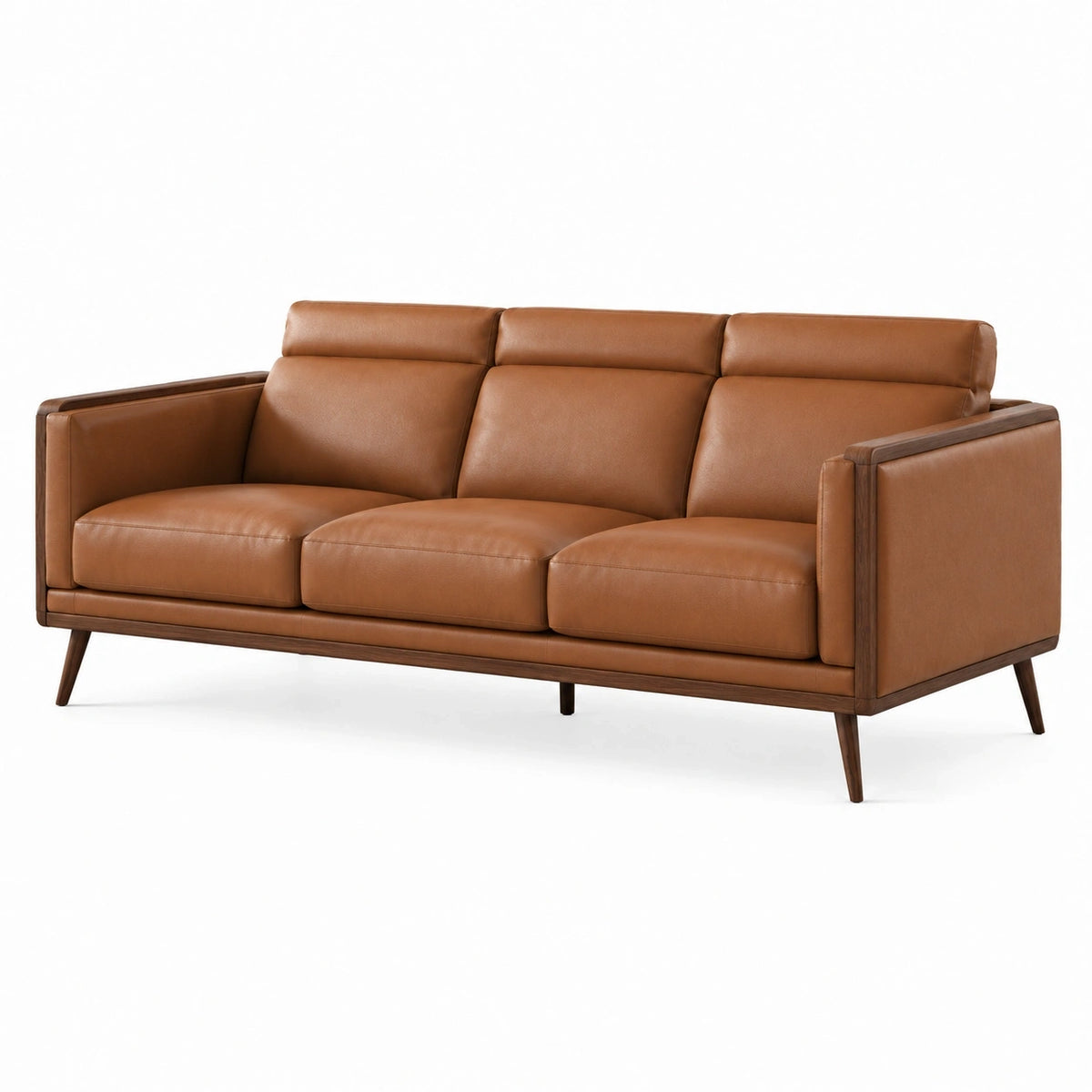 Canapé 3 places Falqorin en cuir marron avec structure en bois, style moderne, mesure 220 cm, assise confortable.