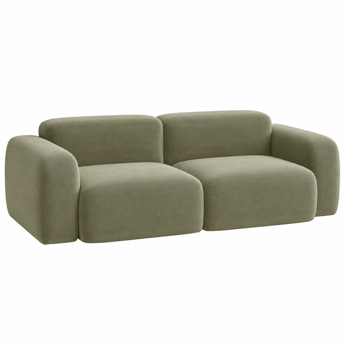 Canapé 2 places Falqorin en tissu vert olive, style contemporain, avec coussins confortables et design épuré.