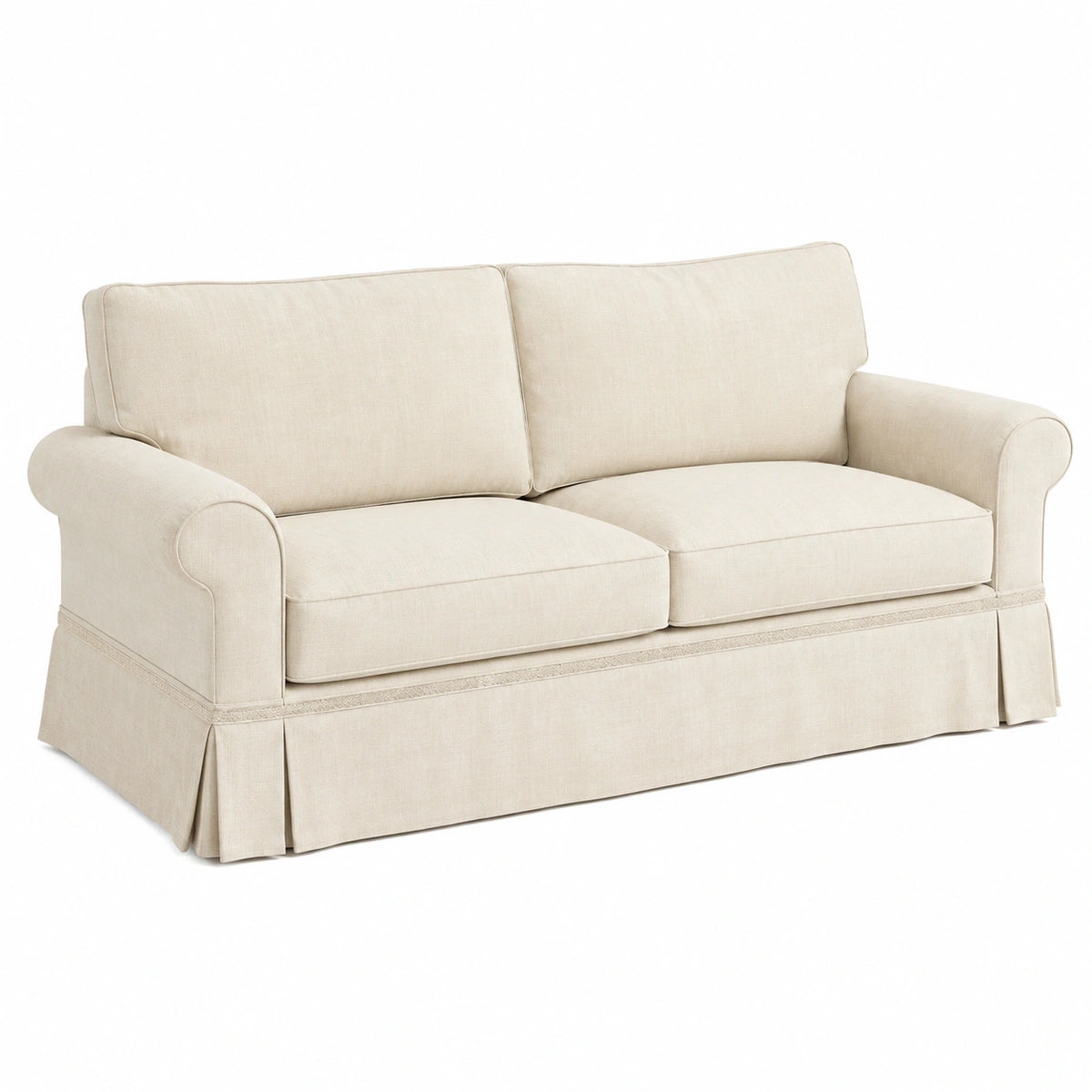Canapé 2 places Falqorin en tissu beige classique avec jupe, design élégant et confortable pour salon.