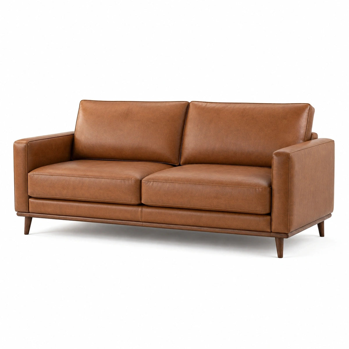 Canapé 2 places Falqorin marron cognac aspect cuir, style contemporain, design moderne, assise confortable, tissu élégant.