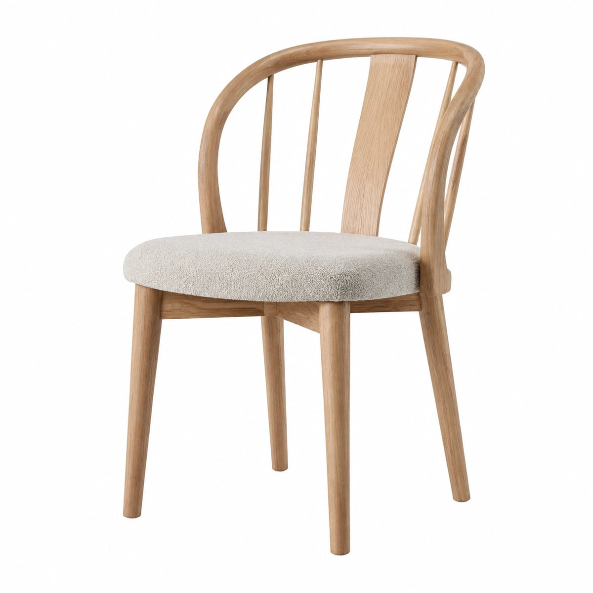 Chaise de salle à manger Falqorin en bois naturel et tissu bouclette beige avec dossier enveloppant, dimensions 52x57x82 cm
